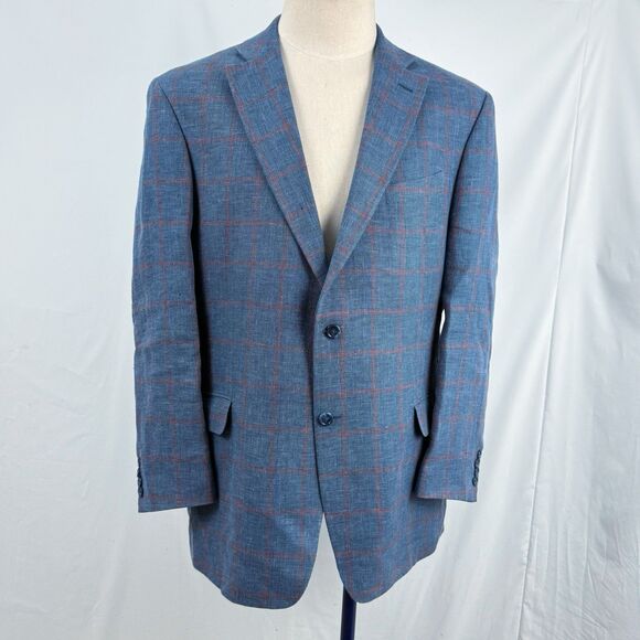 Paul Fredrick Linen Blazer Sport Coat Mens Size 43R Blue Plaid Jacket - Picture 1 of 16